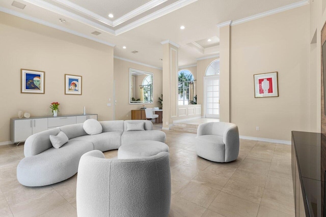 living room with baseboards, a tray ceiling, recessed lighting, and ornate columns