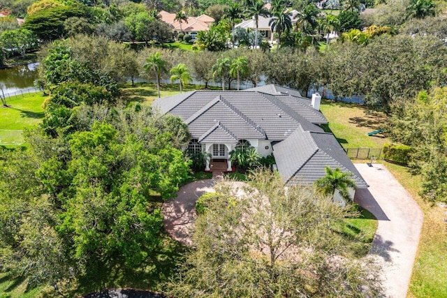 drone / aerial view featuring a water view