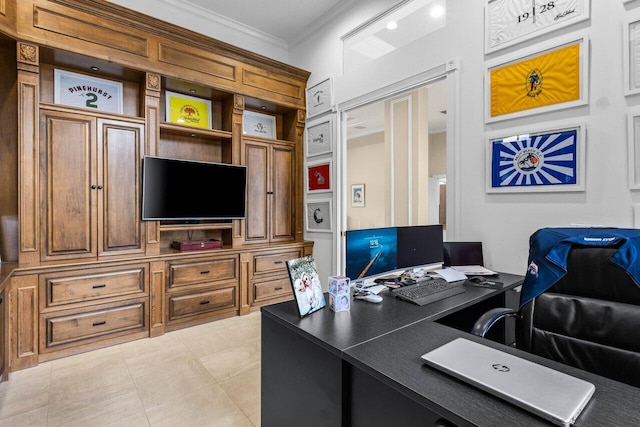 home office with light tile patterned floors and ornamental molding