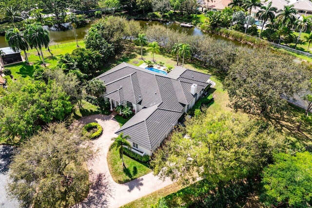 bird's eye view with a water view