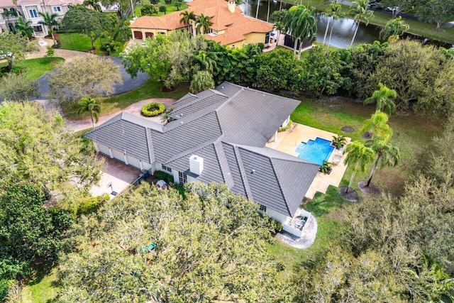 aerial view featuring a water view