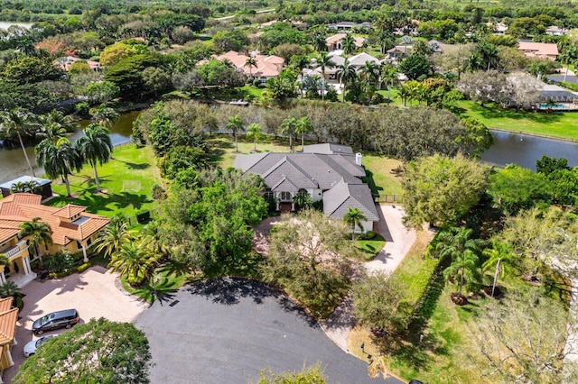 bird's eye view with a water view