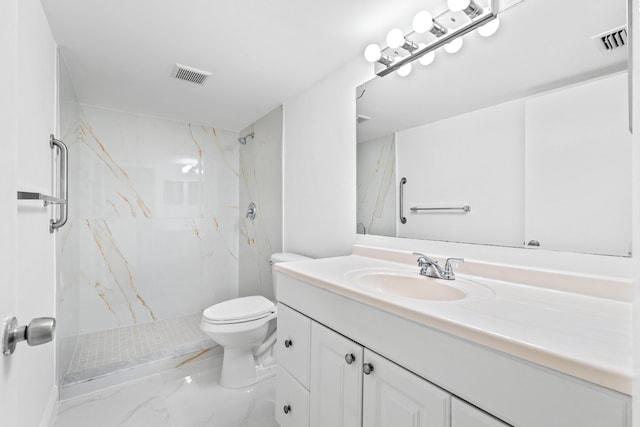 full bathroom with a marble finish shower and visible vents