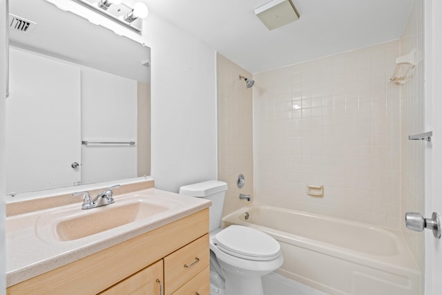 full bath featuring toilet, vanity, visible vents, and shower / bathtub combination