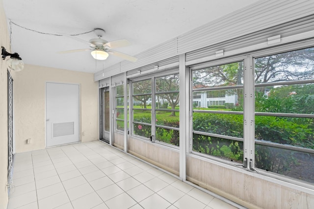 unfurnished sunroom with a ceiling fan and visible vents