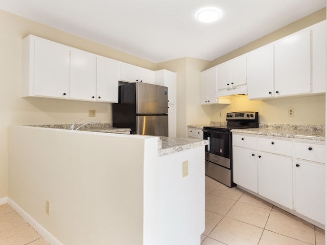 kitchen with under cabinet range hood, white cabinetry, stainless steel appliances, a peninsula, and light tile patterned flooring