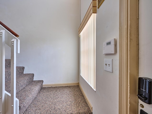 stairway featuring carpet flooring and baseboards