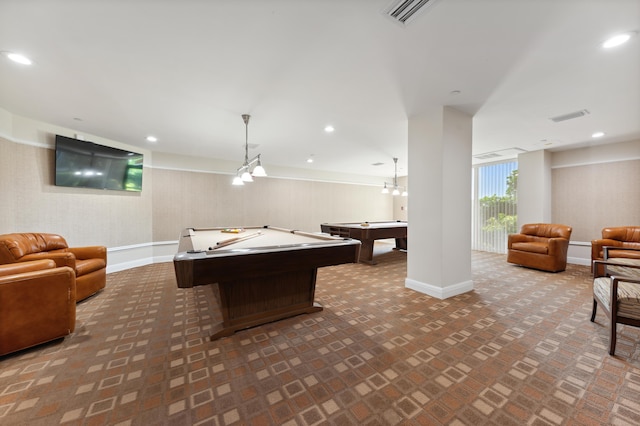 game room with billiards, visible vents, and recessed lighting