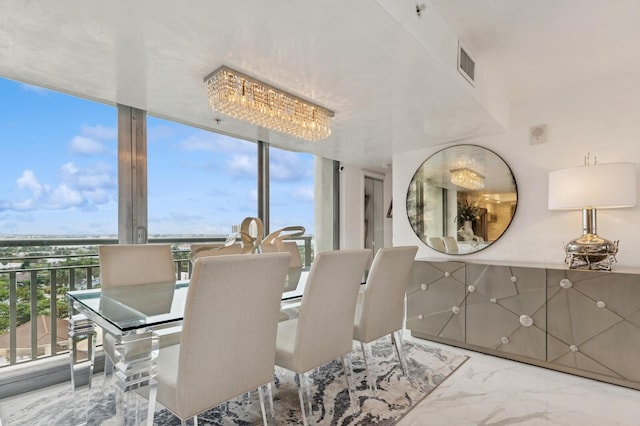 dining space featuring expansive windows, marble finish floor, and visible vents