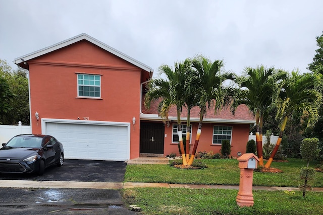 traditional-style house featuring an attached garage, aphalt driveway, a front yard, and stucco siding