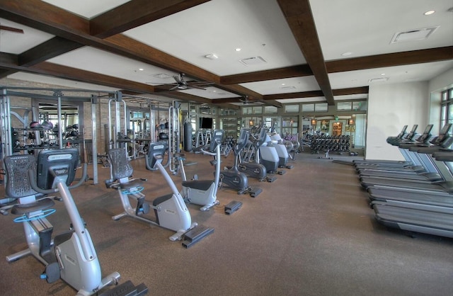 gym featuring coffered ceiling, recessed lighting, visible vents, and a ceiling fan