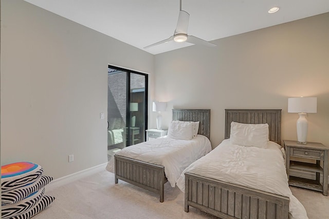 bedroom with access to exterior, baseboards, a ceiling fan, and light colored carpet