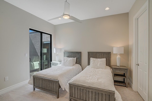 bedroom with ceiling fan, recessed lighting, light colored carpet, baseboards, and access to exterior