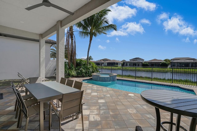 view of pool featuring ceiling fan, a patio, a water view, and fence