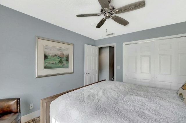 bedroom with a closet, visible vents, and ceiling fan