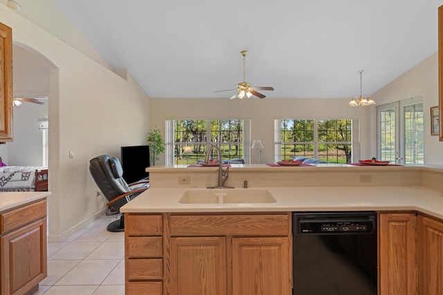 2891 SE Tailwinds Rd, Jupiter, FL 33478 - kitchen with black dishwasher, vaulted ceiling, ceiling fan, and light countertops