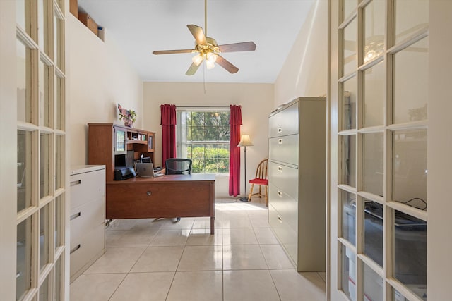 2891 SE Tailwinds Rd, Jupiter, FL 33478 - office featuring french doors, ceiling fan, and light tile patterned flooring