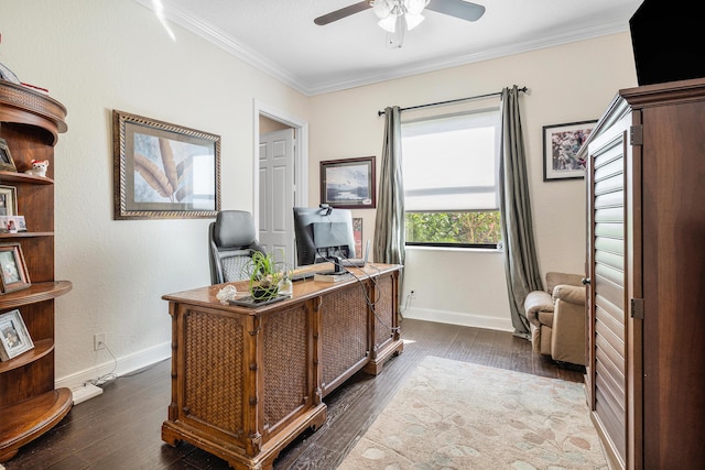 office area with ornamental molding, dark wood finished floors, baseboards, and a ceiling fan