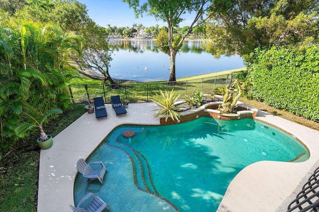 view of swimming pool featuring a patio, a water view, a fenced backyard, and a fenced in pool