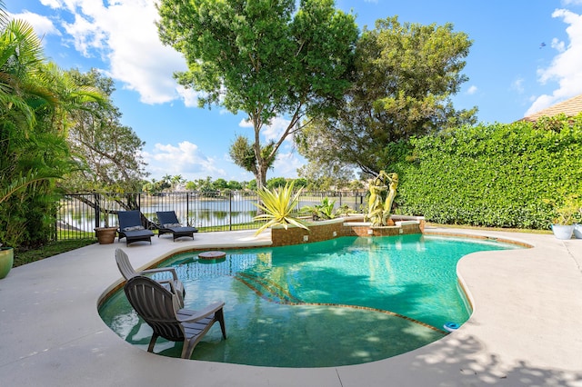 view of pool featuring a water view, a patio area, a fenced backyard, and a fenced in pool