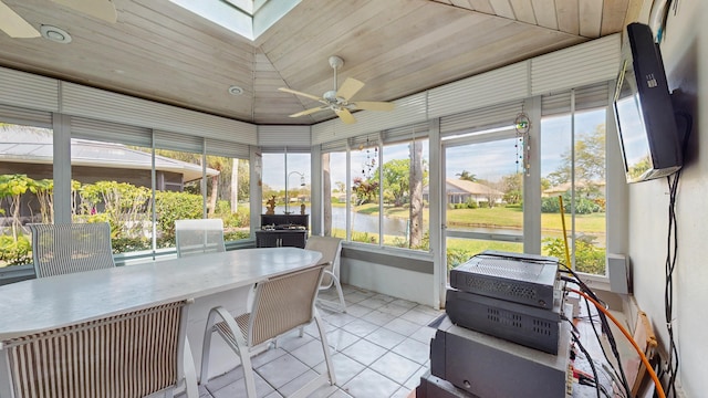 sunroom / solarium featuring wooden ceiling, lofted ceiling with skylight, and ceiling fan