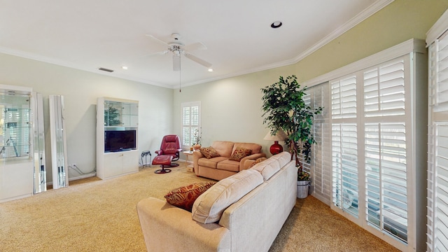 living room featuring carpet, crown molding, recessed lighting, visible vents, and ceiling fan