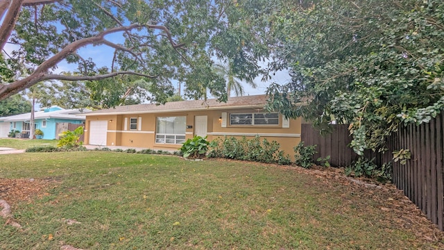 single story home featuring a front yard, fence, and stucco siding