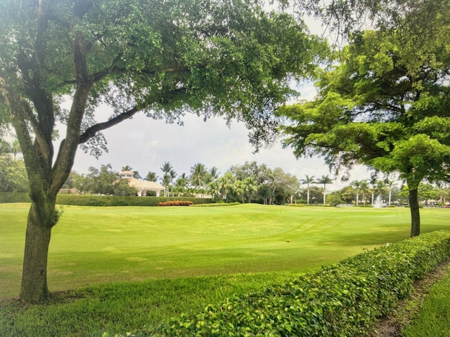 view of property's community with a lawn and golf course view