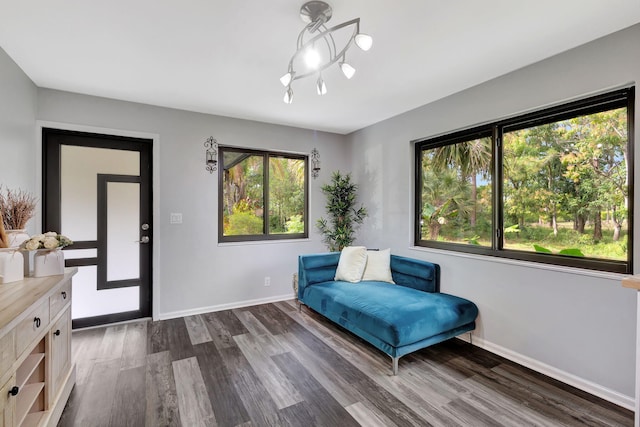 living area featuring dark wood-type flooring and baseboards