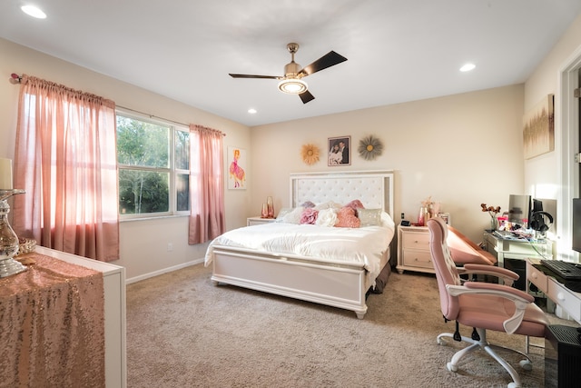 bedroom with ceiling fan, recessed lighting, carpet, and baseboards