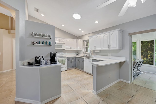 kitchen featuring open shelves, light countertops, white cabinets, white appliances, and a peninsula