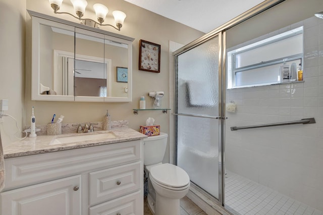 full bathroom featuring a stall shower, vanity, and toilet