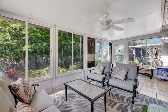 sunroom / solarium featuring ceiling fan