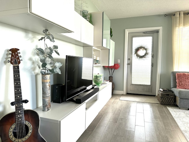 living room with a textured ceiling and wood finished floors