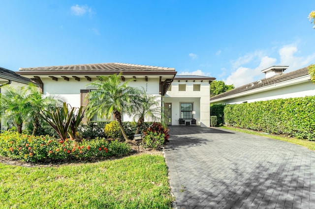 view of front of property with decorative driveway and stucco siding