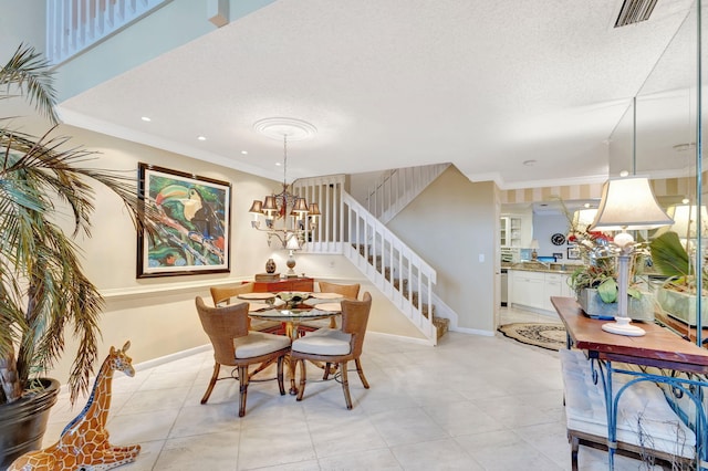 dining space featuring stairs, baseboards, visible vents, and crown molding