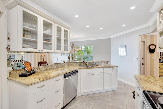 kitchen with pendant lighting, crown molding, appliances with stainless steel finishes, glass insert cabinets, and a sink