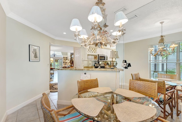 dining room featuring light tile patterned floors, baseboards, a chandelier, and crown molding