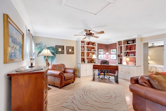 office area featuring attic access, a ceiling fan, a textured ceiling, crown molding, and light wood-style floors