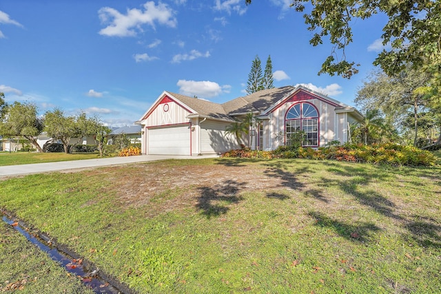 view of front of home featuring an attached garage, board and batten siding, a front lawn, and concrete driveway