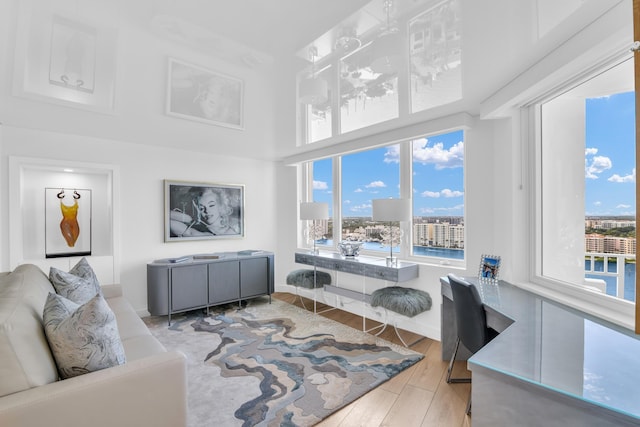 living area featuring a wealth of natural light, light wood-style flooring, baseboards, and a view of city