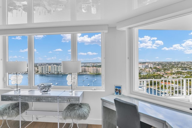 interior space featuring a water view, plenty of natural light, and a city view