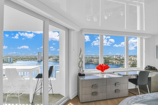 bedroom with light wood-type flooring, a water view, and a view of city