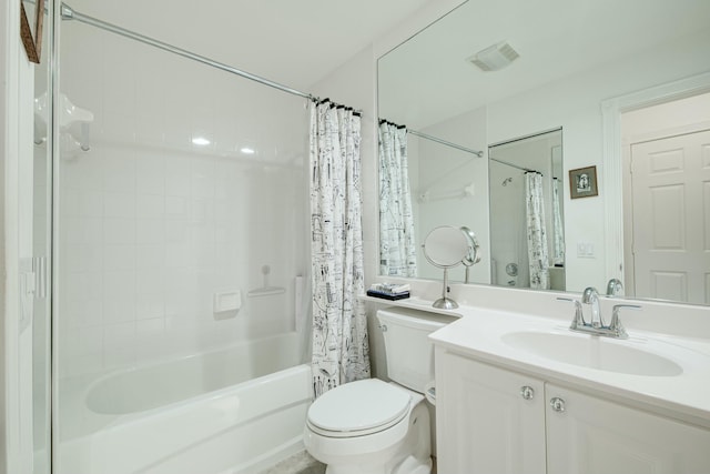 full bathroom with visible vents, toilet, shower / bathtub combination with curtain, and vanity