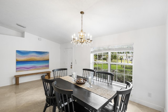 dining room featuring an inviting chandelier, baseboards, visible vents, and vaulted ceiling