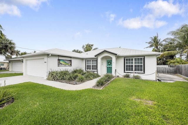 single story home with concrete driveway, a front lawn, an attached garage, and stucco siding