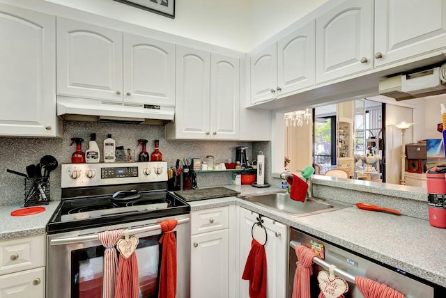 kitchen with electric stove, a sink, white cabinetry, and under cabinet range hood