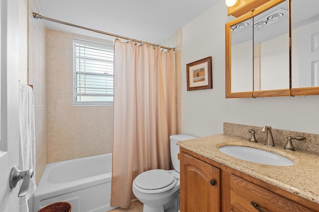 full bathroom with toilet, shower / bathtub combination with curtain, and vanity