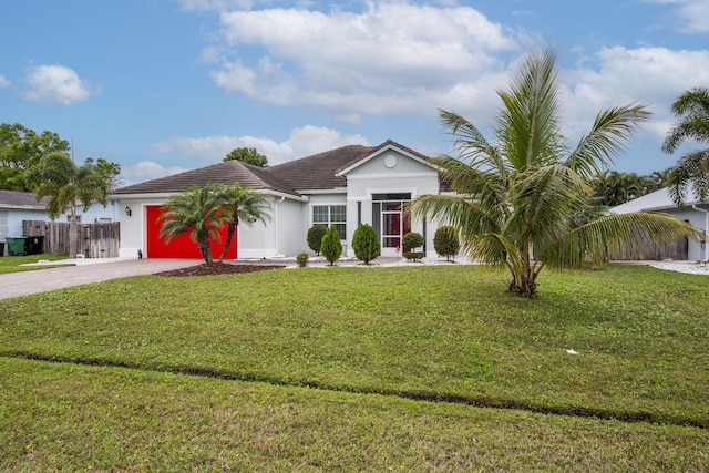 view of front of house featuring a garage, a front yard, decorative driveway, and stucco siding