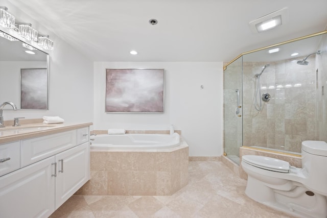 full bathroom with toilet, recessed lighting, vanity, a tile shower, and a bath